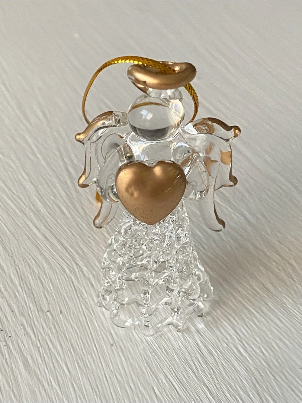 3D Clear Glass Angel Figurine with Gold Heart & Halo Christmas Ornament